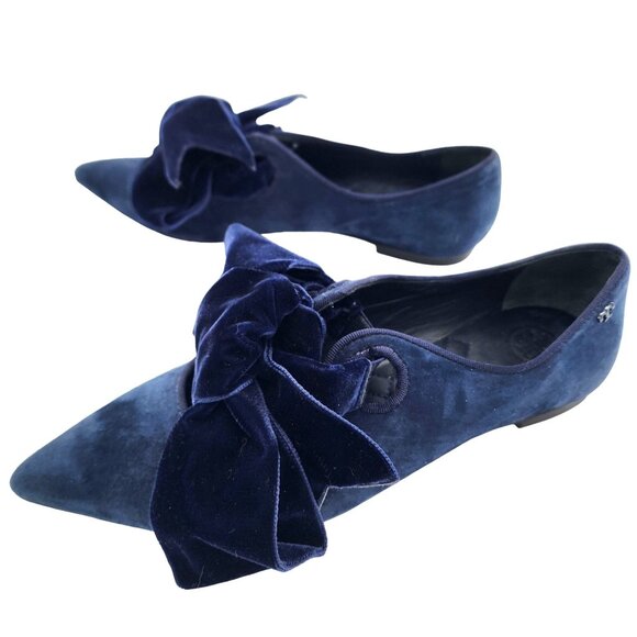 Tory Burch Clara Navy Velvet Ballet Pointed-Toe Flats With Bow Elegant Classy - Picture 1 of 12
